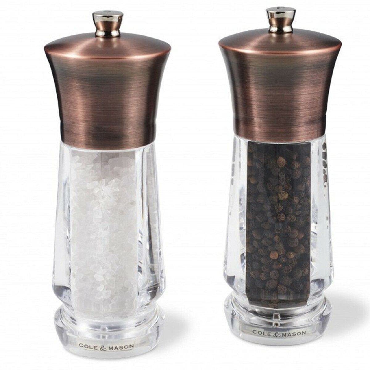 Cole & Mason Exford Salt and Pepper Mill Set, Adjustable Coarseness, Ceramic Mechanism, Antique Brass/Acrylic, 160 mm, Gift Set, Premium Salt and Pepper Grinders