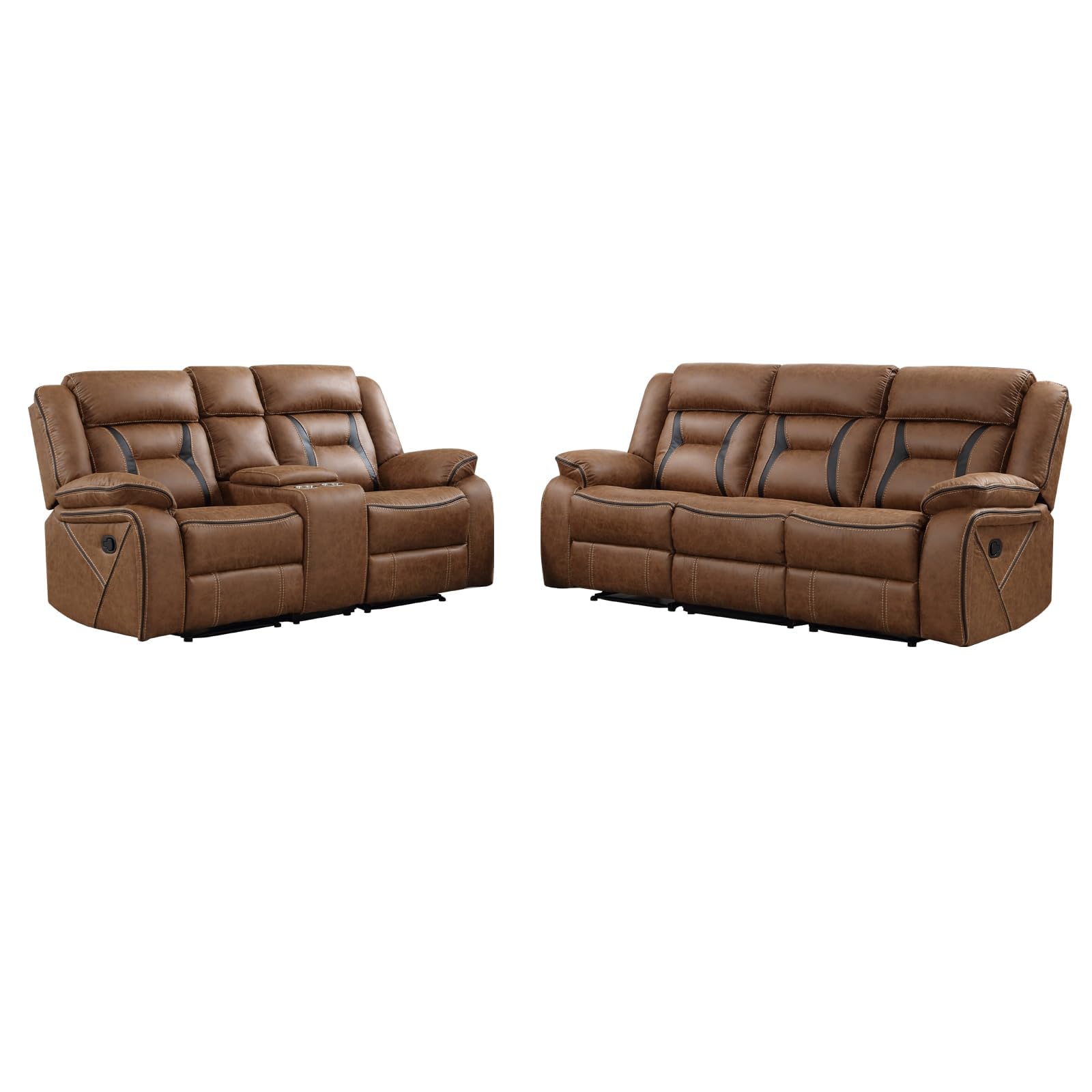 EBELLO Faux Leather Recliner Sofa Furniture Set for Living Room, 1 Recliner Chairs, Two 3 Seat Reclining Sofa Couch Set for Meeting Room, Brown view 7