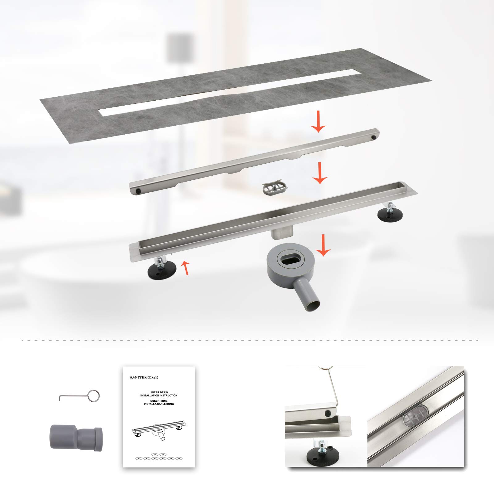 SaniteModar Canalina Scarico Doccia 80cm, Canaletta Doccia con 360° Sifone e Filtro, Pannello Stretto