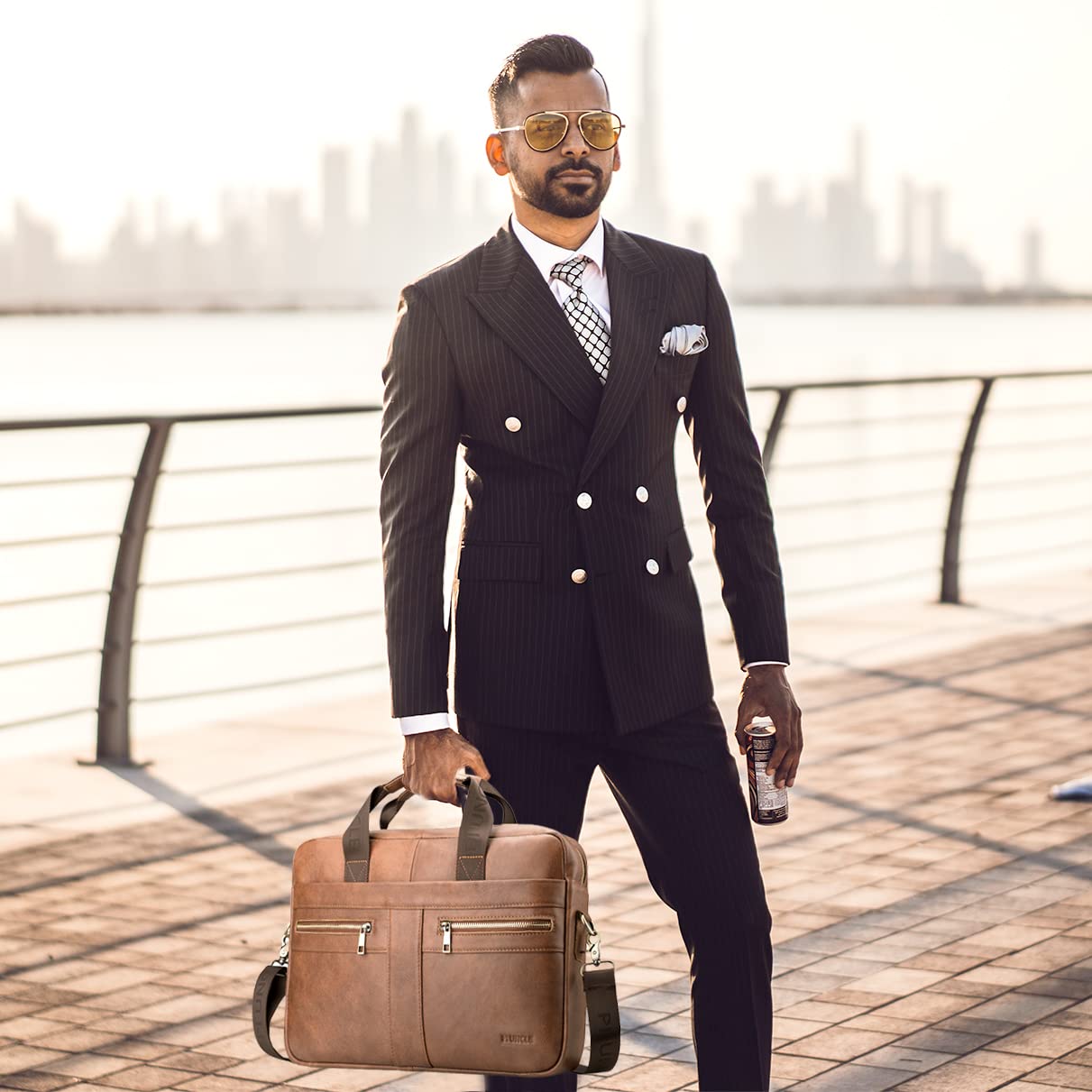 SPAHER Sacoche pour ordinateur portable 15,6" en cuir véritable - Sac à bandoulière pour homme