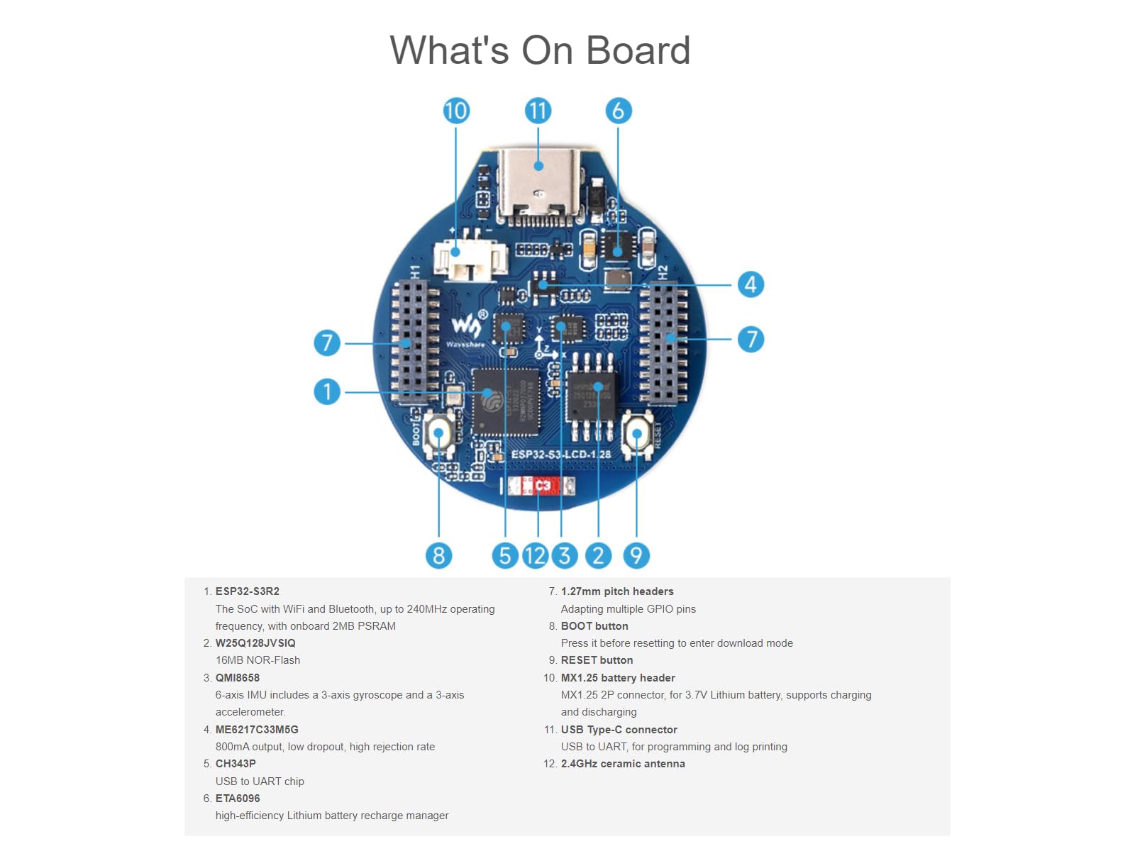 ESP32-S3 Development Board with 1.28inch Round LCD Display,32-bit LX7 Dual-Core Processor,Support 2.4 GHz Wi-FI and Bluetooth 5(Le),Embedded GC9A01 Driver Chip