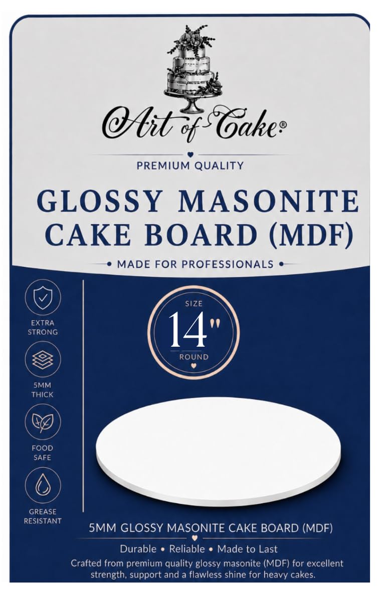 Art of cake® 14 Inch Round Masonite Cake Board - Strong Cake Drum 5mm Thick 356mm - Reusable Grease Resistant Board for Birthday Wedding Tiered Celebration Cakes