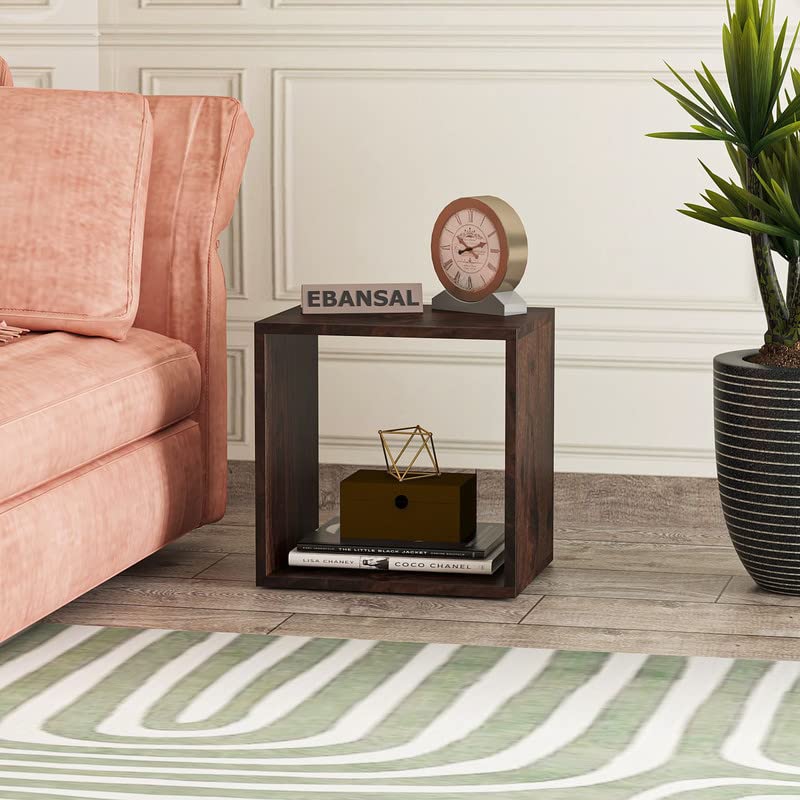 Image of Solid Wood Sheesham End Table with 1 Open Shelf Modern Design for Living Room Furniture Walnut Finish