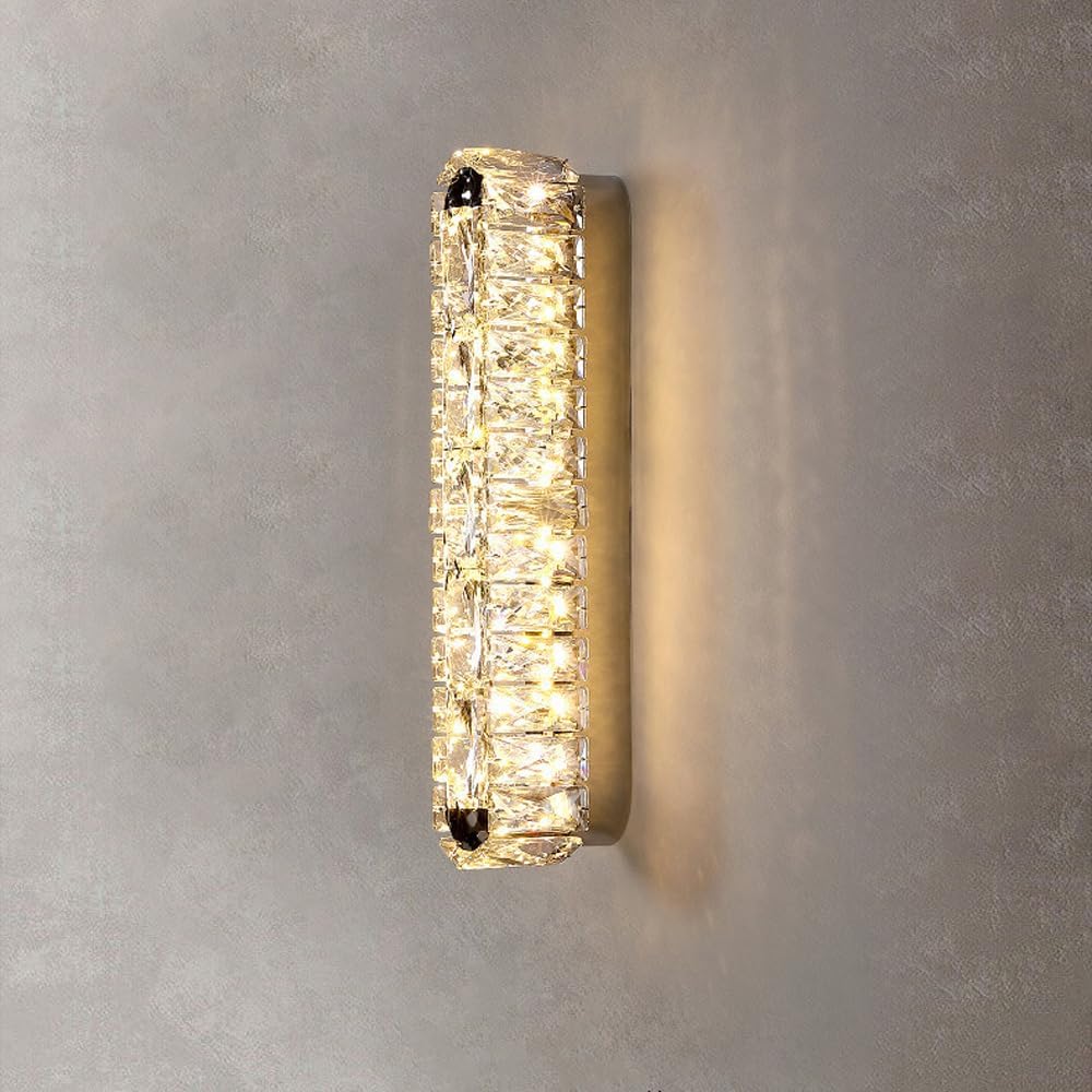 Modern Home Decoration Long Crystal Wall Sconce 12W Dimmable LED Linear Wall Mount Light Bar Luxury Chrome Bathroom Vanity Lights Fixture for Bedside Bedroom Living Room Hallway