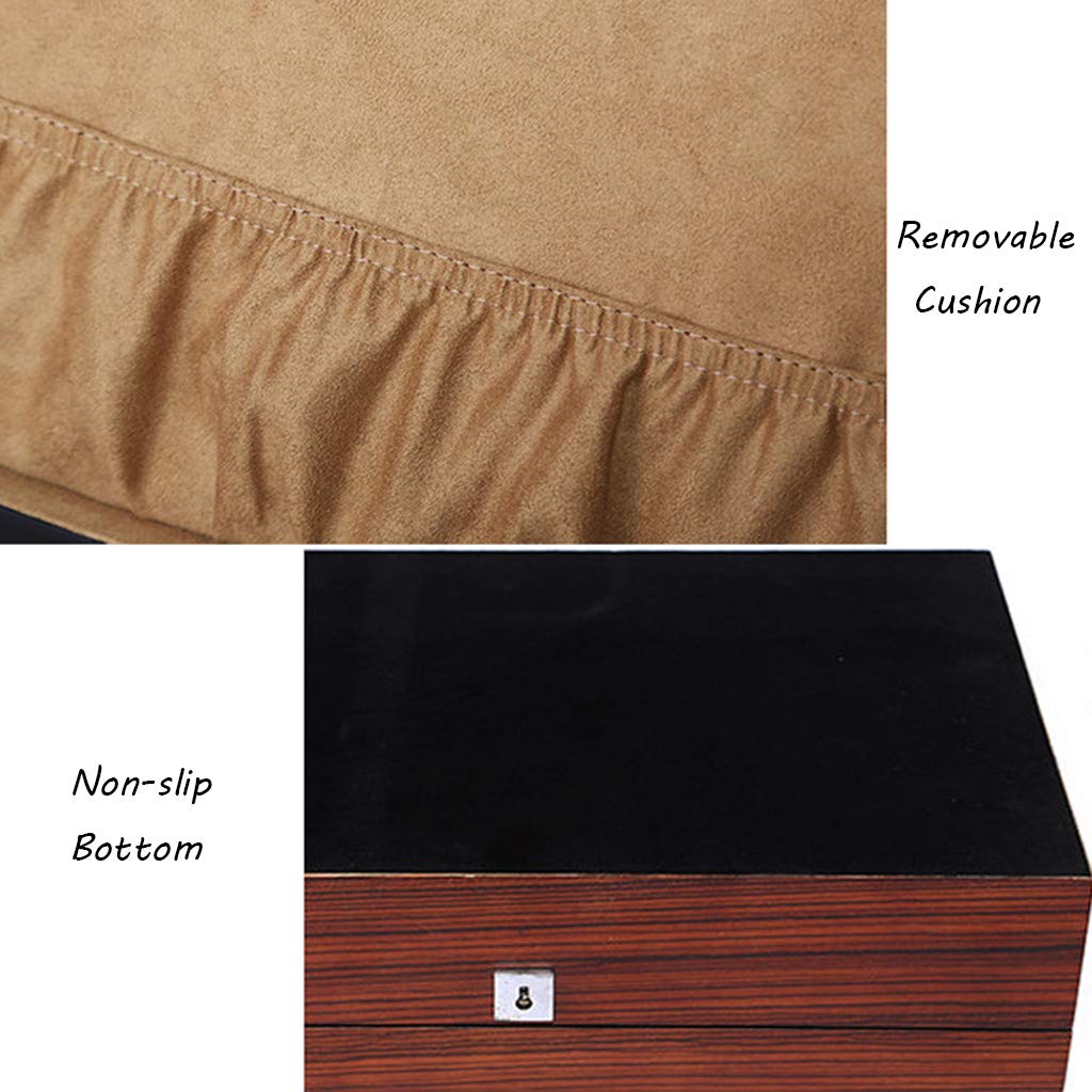 Caja de reloj de madera con tapa de vidrio para 12 relojes Caja de almacenamiento de joyería de lujo Bandeja de pulsera con 12 almohadas de almacenamiento extraíbles y hebilla de metal con cerradura