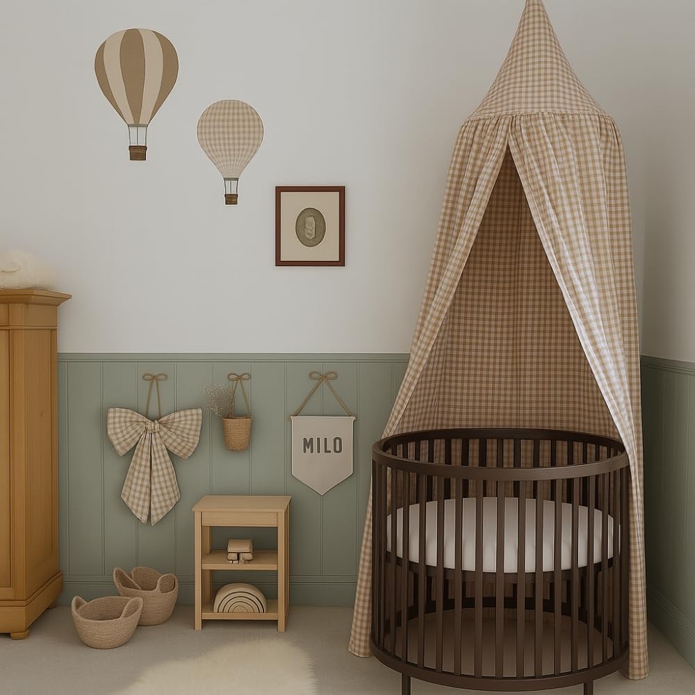 Wonder Space Kinderbett-Himmel - Neutrales Beige Karomuster für Kinderzimmer | Dekoratives Baumwollzelt für Babybetten & Kleinkinderbetten | Perfekt für Leseecke oder Spielbereich