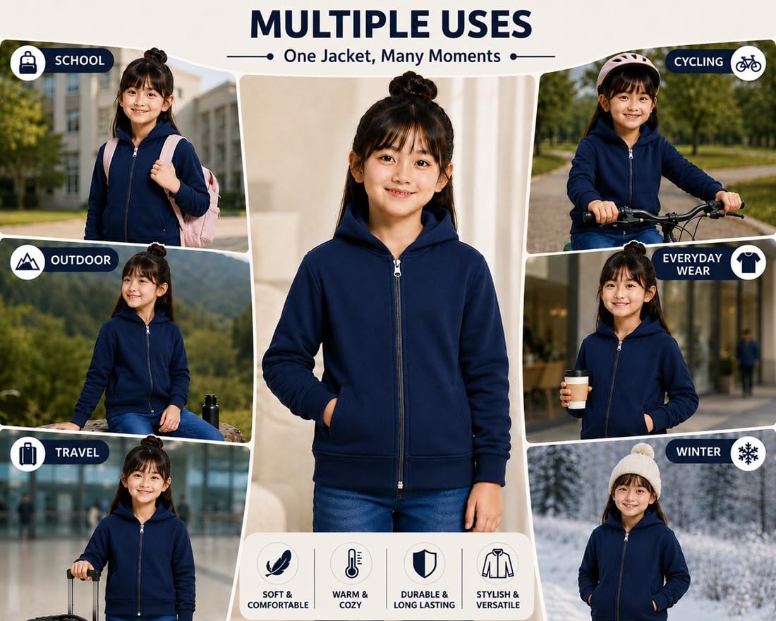 ADBUCKS Girls Hooded Zip-Up Sweatshirt | Casual Sports Hoodie Jacket| Soft Full Zip Hooded Jacket for School, Outdoor, Travel & Everyday Wear | Fashion Winter Hoodie Blue