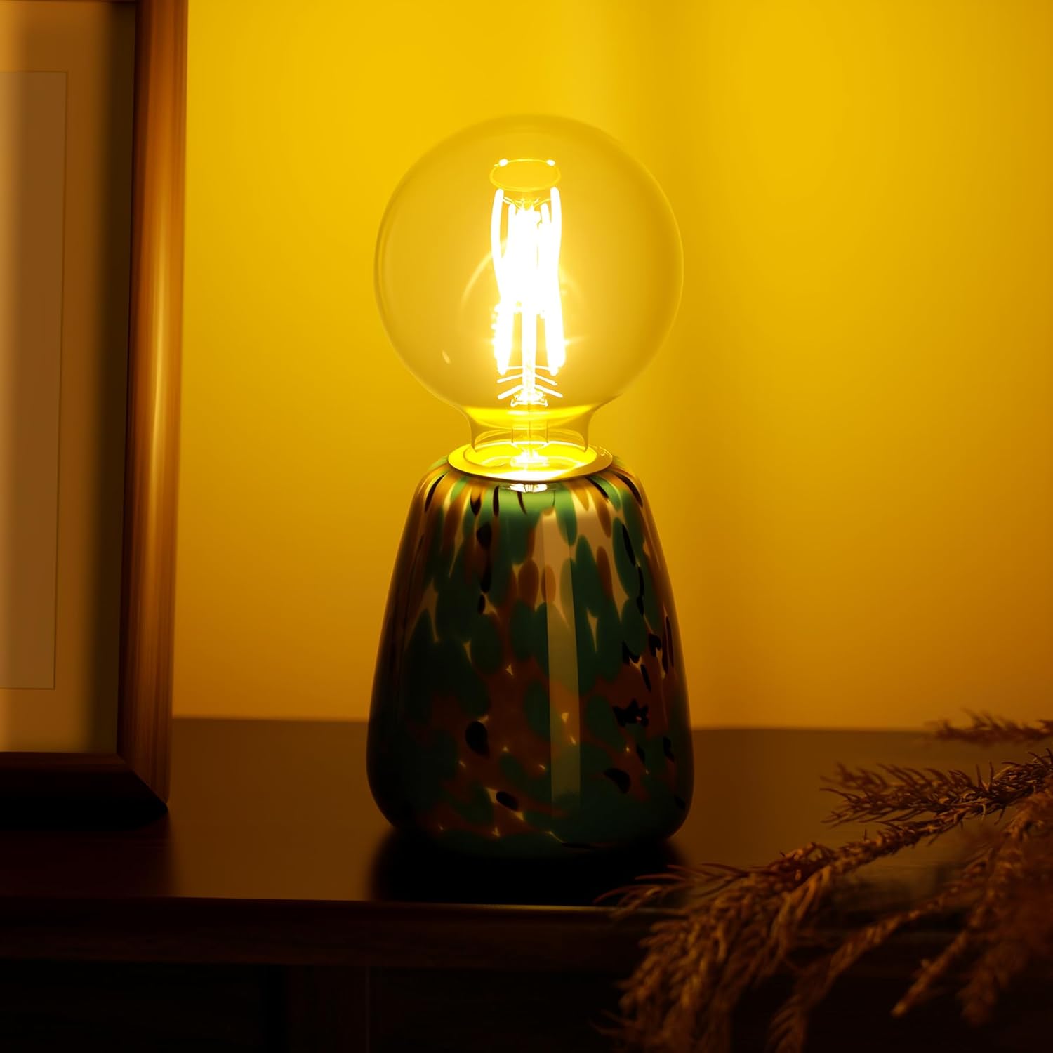 Mini Modern Glass Bedside Table Lamp, 4 x 4 x 9 Inch Nightstand Lamps, with Spherical Bulb Round Side Table Lamps for Bedroom Living Room Entryway Night Light (Emerald Brown Green Glass Base)