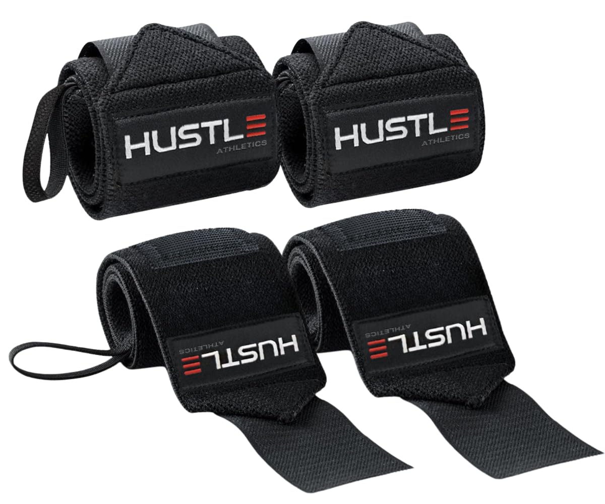 Hustle Athletics Wrist Wraps for Weightlifting - 18" & 12" Premium Wrist Support Weight Lifting Wraps to Lift Heavier & Train Harder - Heavy Duty Powerlifting & Bench Press Gym Straps for Men & Women