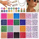 🔅【Schmuckset 】Dieses Glas Rocaillesfür Schmuck machen Kit enthalten etwa 6600pcs 3mm Glasperlen, 440pcs Alphabet Perlen, 20 Karabinerverschlüsse, 100 offene Binderinge, 1 Rolle Perlenschnur und 1 Schere in einer Kunststoff-Box für Armbänder, Halsketten und Schmuck.