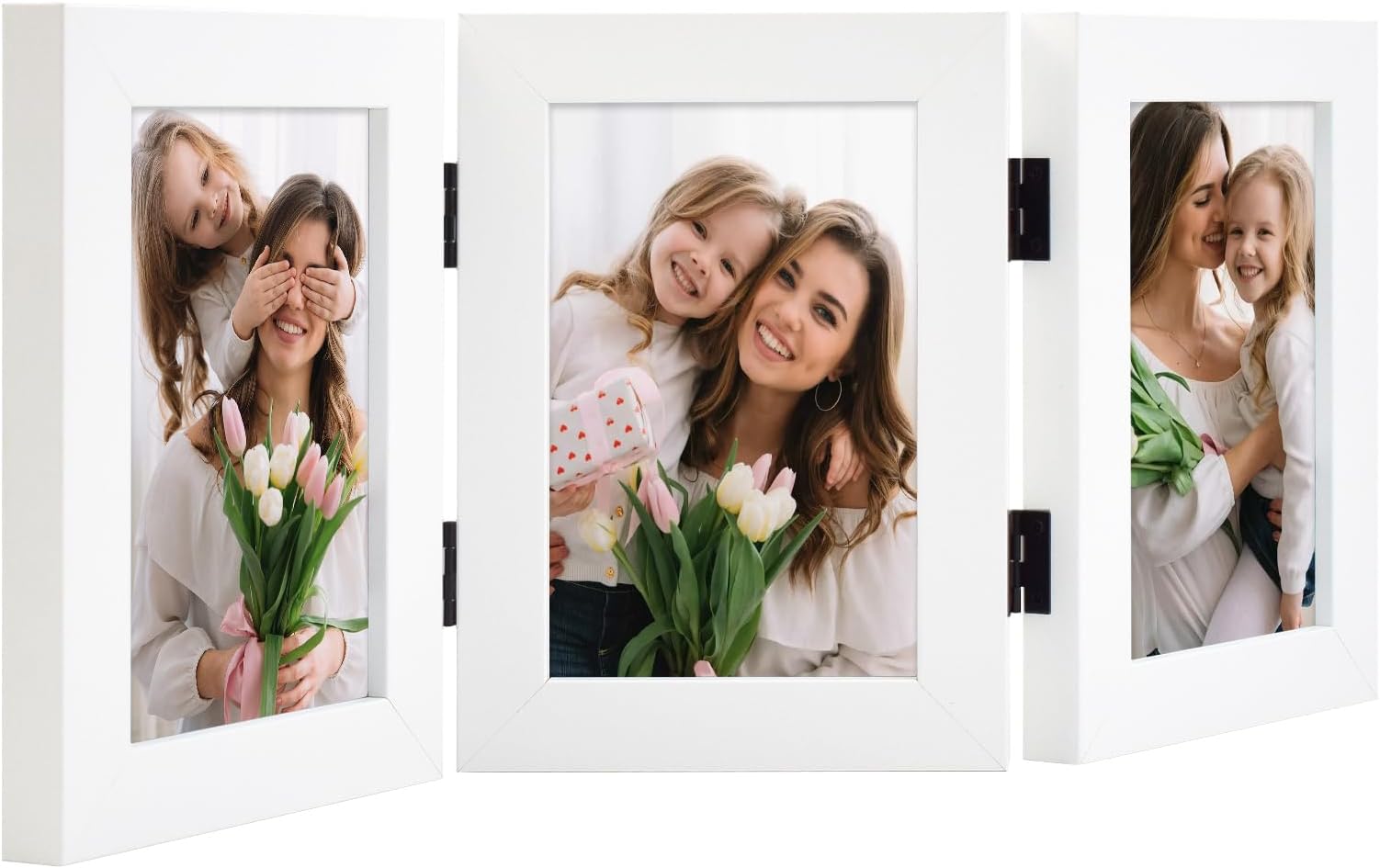 Frametory, 4x6 Trifold Picture Frame Hinged Photo Frames Three Folding Frame Desktop Glass Frame Vertical (White, 4x6 Triple)