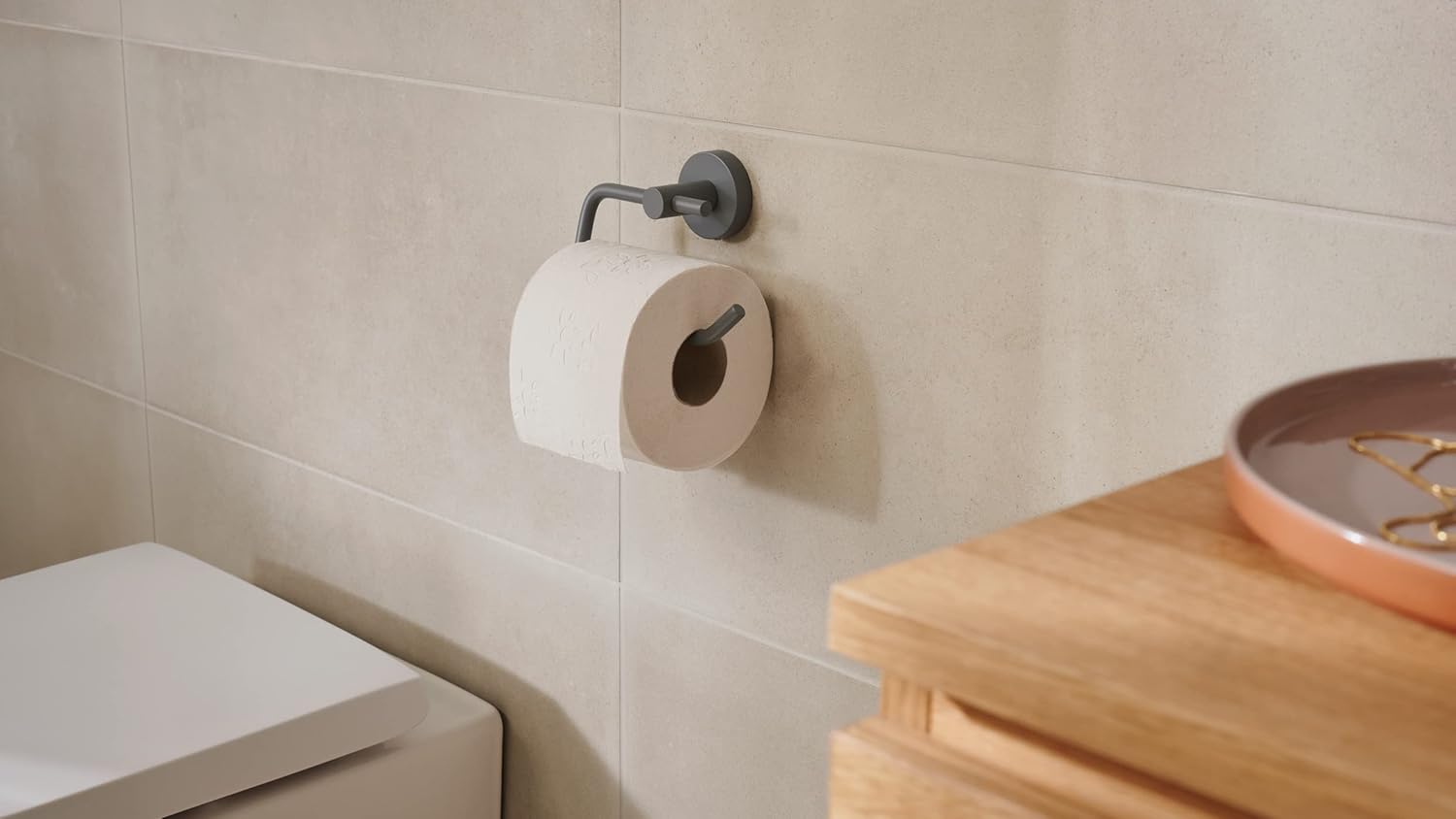 tesa Moon Grey Toilet Paper Holder, matt Grey - Roll Holder Without lid for Industrial Style and Modern bathrooms - Drill-Free, incl. Adhesive Solution - 99 mm x 140 mm x 53 mm