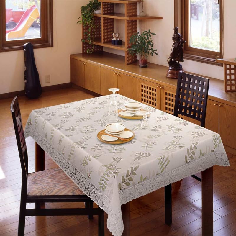 Freelance PVC Vinyl Tuscany Flannel Backing Dining Plastic Table Cover Cloth - Waterproof Protector, 6-8 Seater, Oblong/Oval 60 X 90 inches (with White Border Edge Lace) - Product of Meiwa, Japan