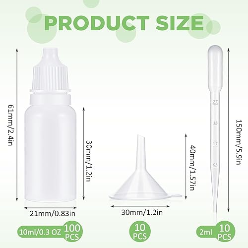 Miniatura 2 de Uiifan 100 botellas de plástico con cuentagotas de líquido exprimible con tapa de rosca, 10 cuentagotas de embudo para gotas de ojos (blanco, 0.5 fl