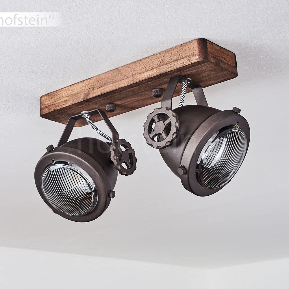 HOFSTEIN Deckenleuchte Herford, verstellbare Deckenlampe aus Metall/Holz/Glas in Braun/Natur/Klar, Leuchte im Industrial/Retro/Vinntage-Design, 2 x GU10, Esszimmmer, Schlafzimmer, Wohnzimmer, Küche