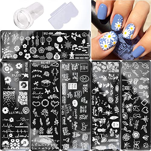 6 Pcs Nail Stamping Plates， With 1 Nail Stamper 1 Scraper Nail Stamp Template Chrysanthemum Coconut Tree Leaf Nail Art Templates Nail Stamper Stencil Plates Set Manicure Nail Supplies #TOP4