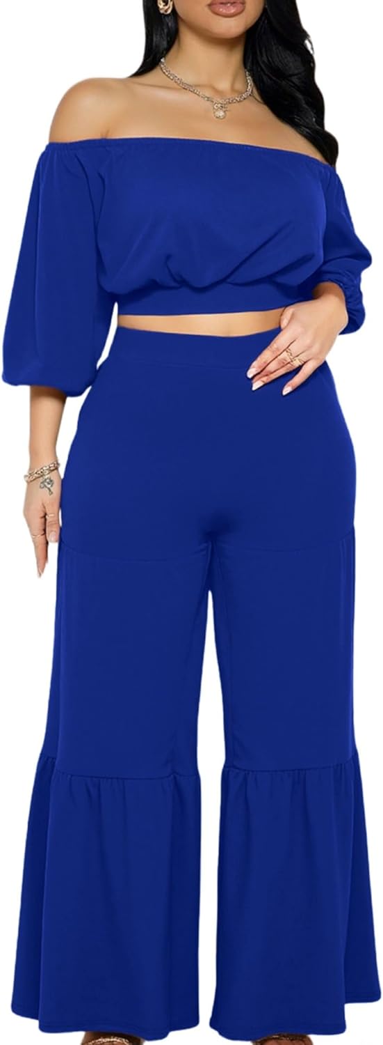 Two Piece Sets for Women Dressy Off Shoulder Crop Tops and Wide Leg Ruffle Pant Set Sexy Outfits