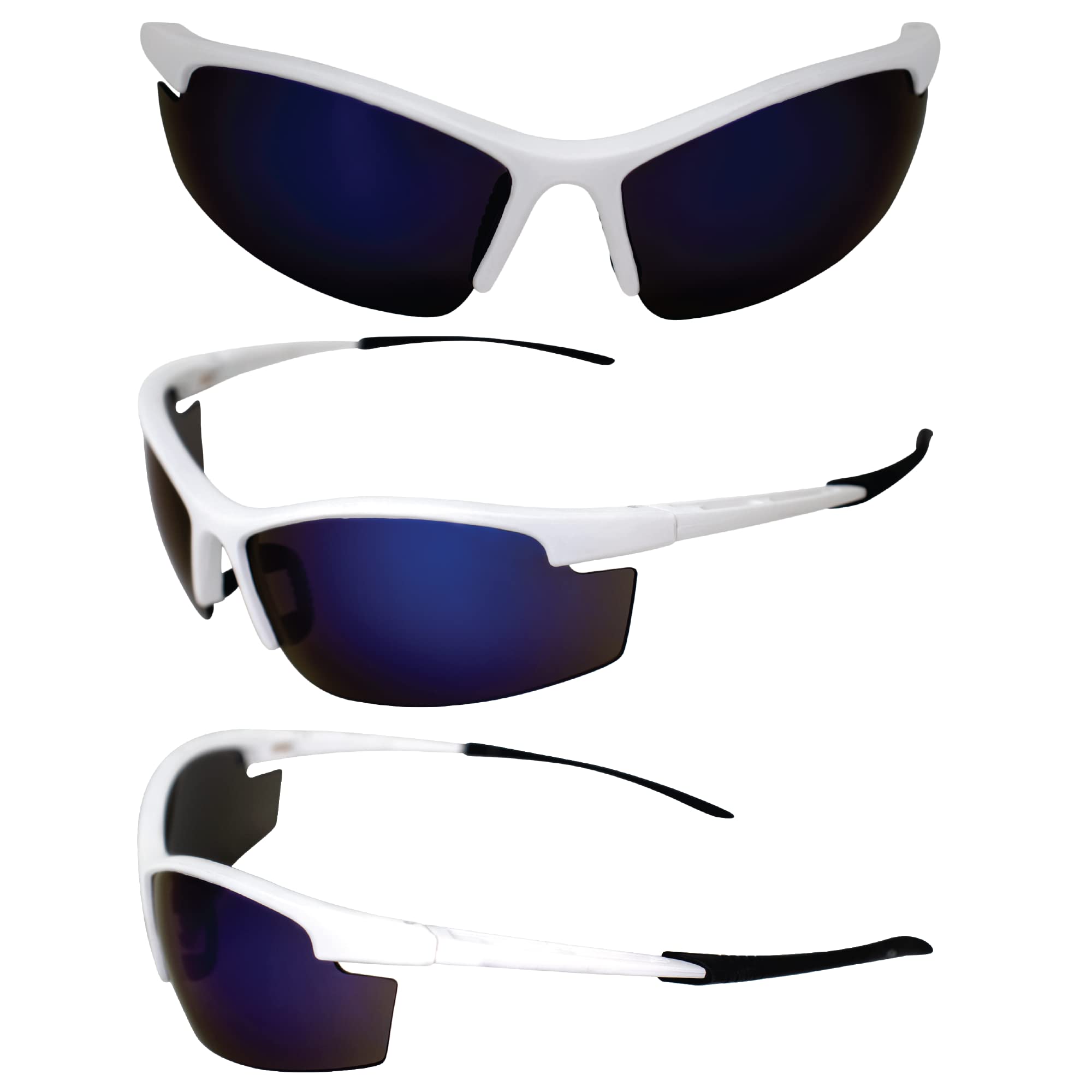 AlterImage Venture Wraparound Sports & Motorcycle Retro Sunglasses for Men or Women 2 Pair Semi-Rimless White Frames w/Rubber Tips & Nose Pads G-Tech Blue & Red Lenses