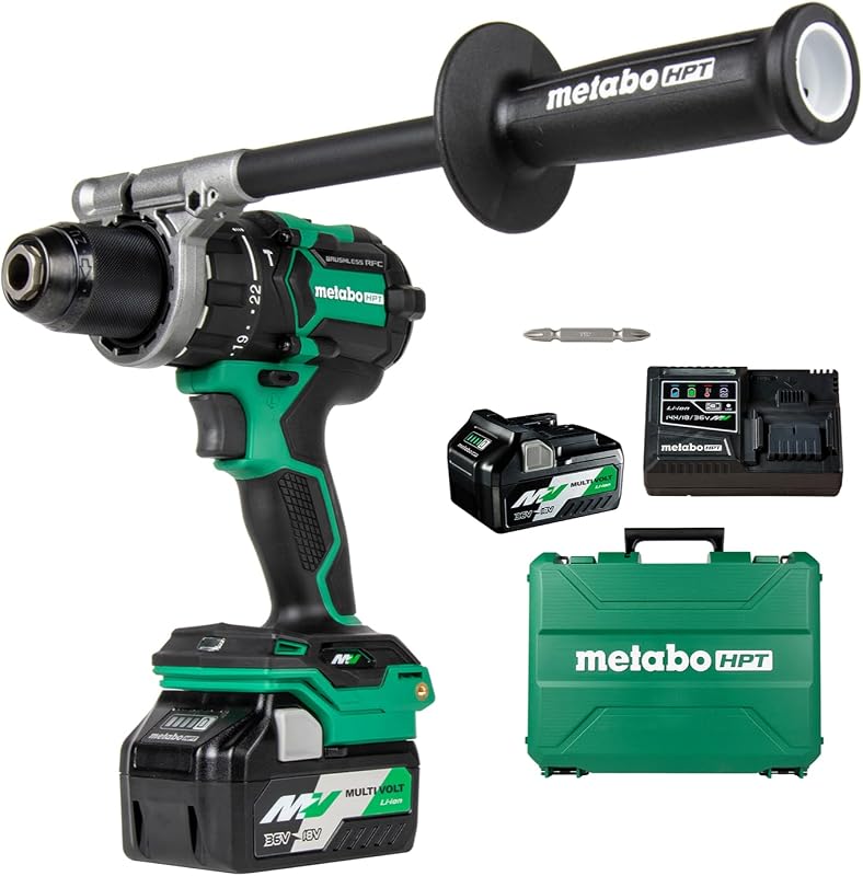 36V MultiVolt™ Cordless Brushless 1/2" Hammer Drill Kit, Power Drill Kit with Lithium-Ion Metabo Batteries , Case and Charger, Compact Lightweight Power Tool, DV36DC
