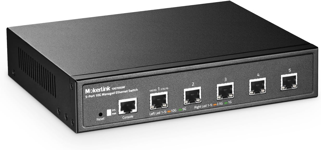 MokerLink 5 Port 10G Managed Ethernet Switch, 10G/5G/2.5G/1G Auto-Adaptive, L3 Web/CLI Managed, Metal Desktop|Rackmount Network Switch