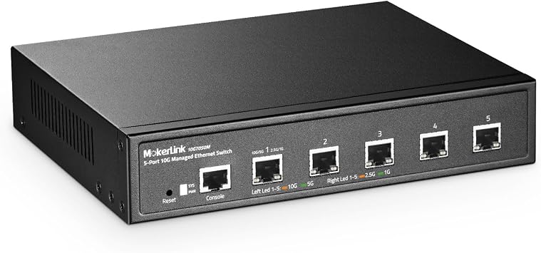 MokerLink 5 Port 10G Managed Ethernet Switch, 10G/5G/2.5G/1G Auto-Adaptive, L3 Web/CLI Managed, Metal Desktop|Rackmount Network Switch