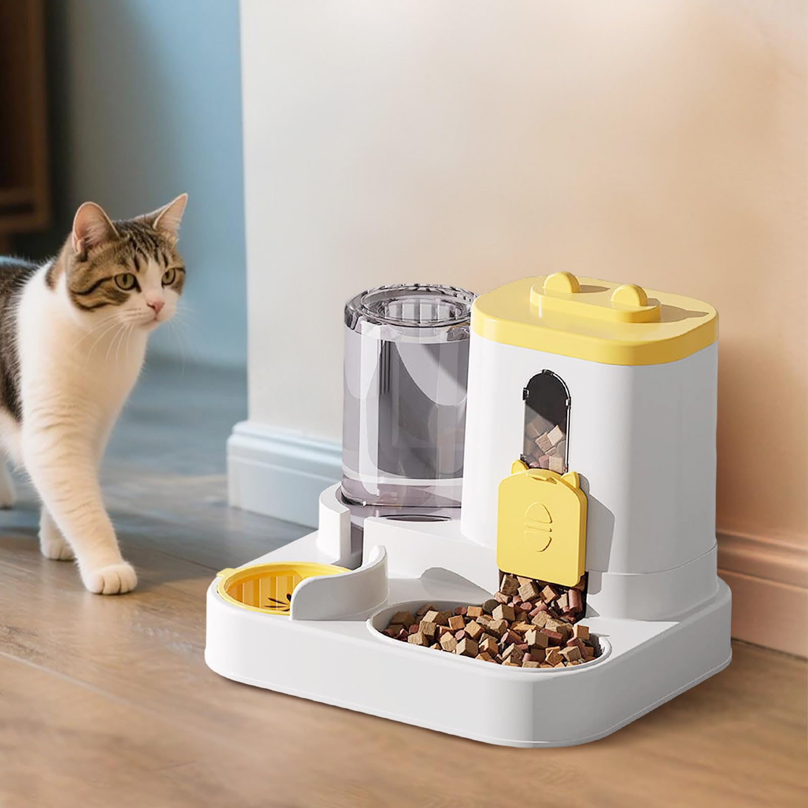 Cat Feeder and Water Dispenser, 2 in 1 Automatic Cat Feeder with Stainless Steel Bowls, 2 Pack Large Capacity Self Feeding for Small Medium Dog Puppy