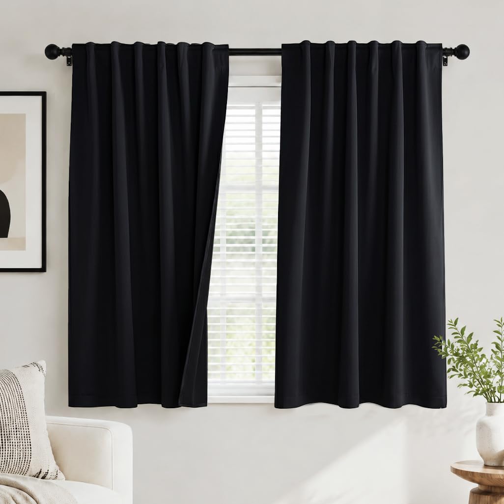Photo 1 of PONY DANCE Black Kitchen Blackout Curtains Over Sink, Short Half Curtains for Bathroom Basement Small Window Decor, Thermal Insulated Light Blocking Bedroom Draperies, W 42 x L 45 inches, 2 Panels Set