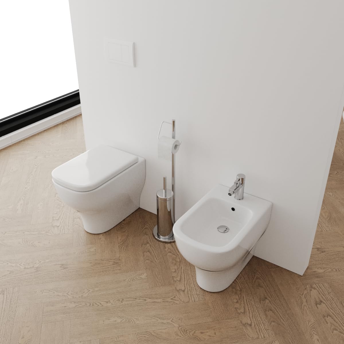 Coppia di sanitari a terra filomuro Bidet e Vaso WC in ceramica con sedile coprivaso STEFANO