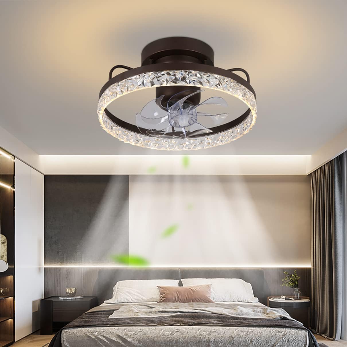YUEGOO Ceiling Fans with Lamps,Crystal Ceiling Fan with Light and Remote Control 360°Rotation 3 Speeds Bedroom Led Dimmable Fan Ceiling Light with Timer Modern Living Room/Brown