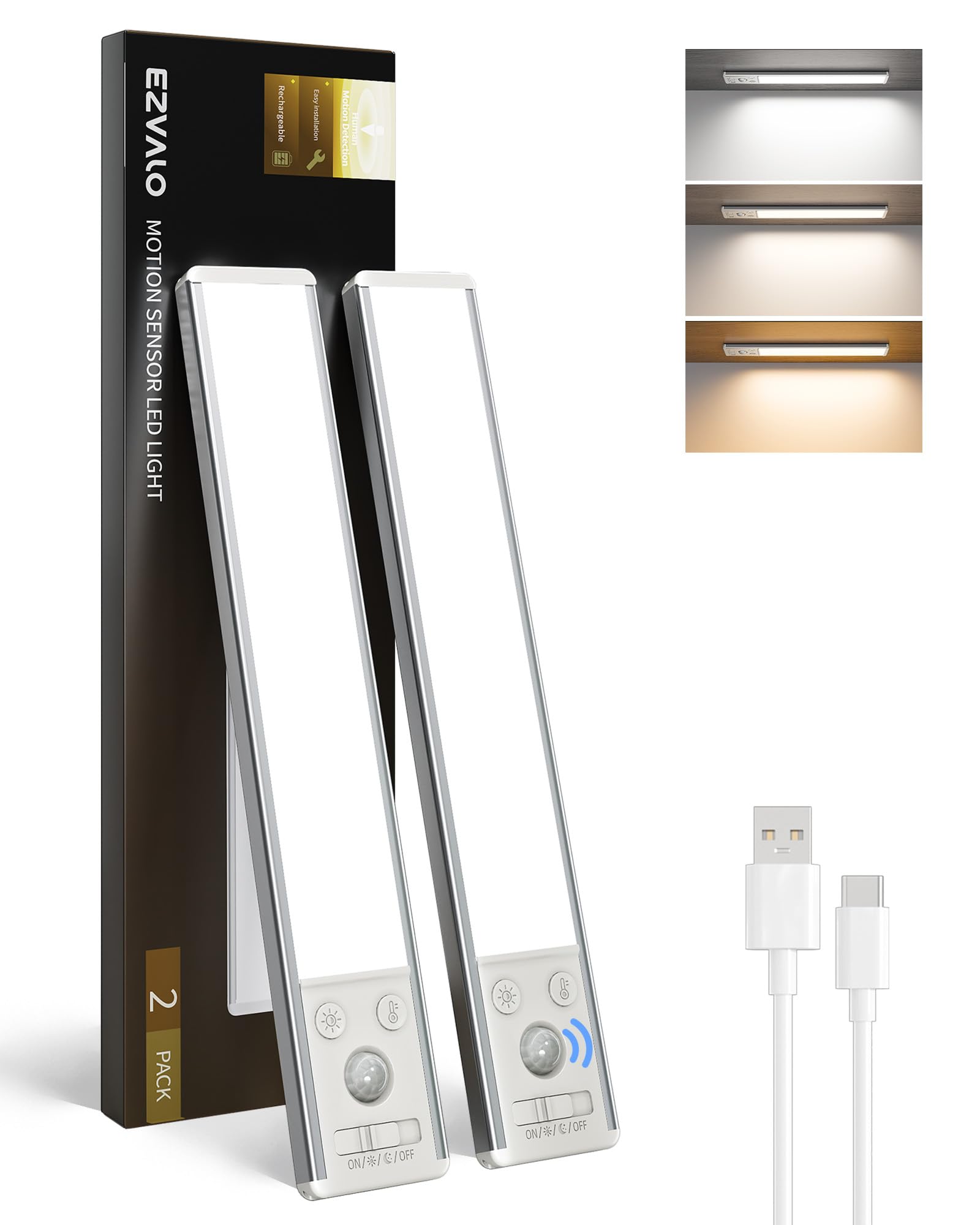 EZVALO Schrankbeleuchtung LED 25CM, 80 LED Schrankleuchte Kabellos mit Bewegungsmelder, 2400mAh Aufladbar 3 Farbmodi Dimmbar Schranklicht, Unterbauleuchte Küche für Schrank, Küche, Silber (2 Stück)