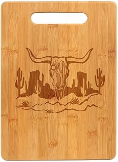 Bamboo Wood Cutting Board Cow Skull Cactus Desert Western Scene