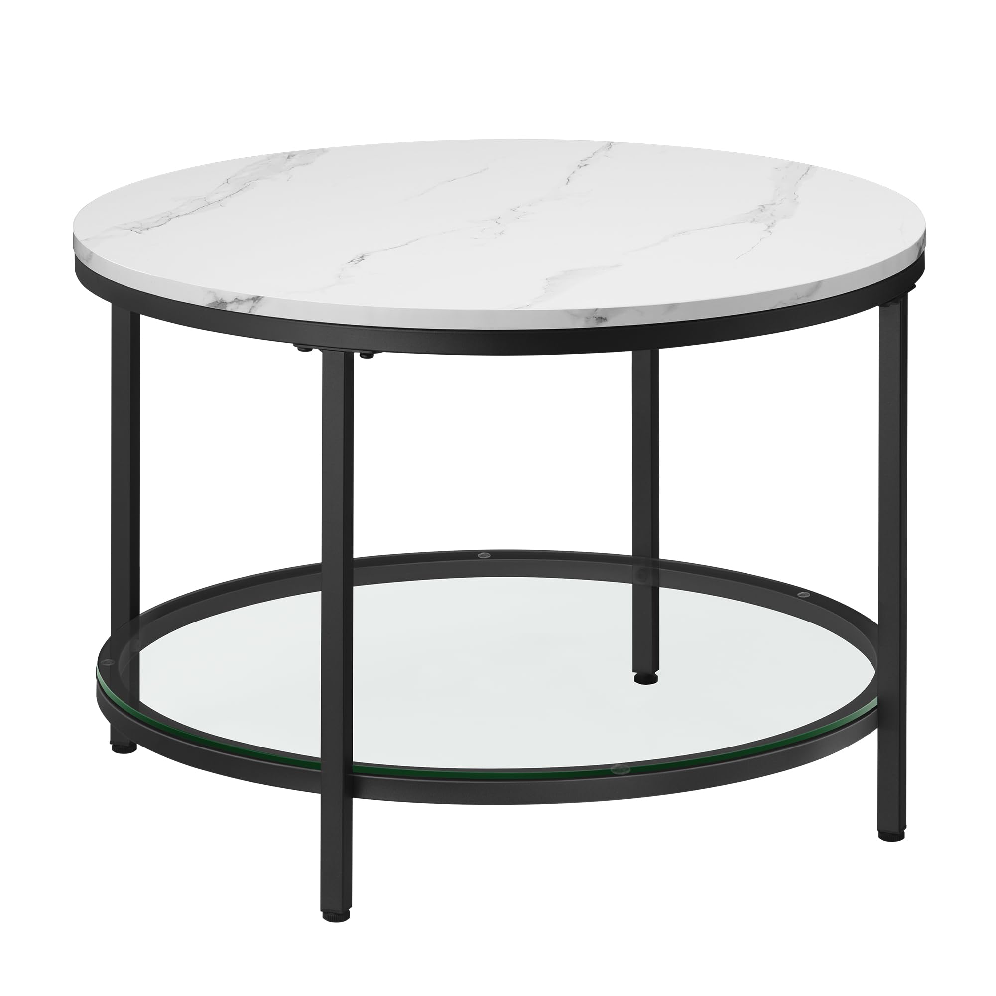 VASAGLE Coffee Table, Living Room Table, Sofa Cocktail Table Faux Marble Round, Tempered Glass Storage Shelf, Easy to Assemble, Modern Style, for Living Room, Marble White and Ink Black LCT072W13