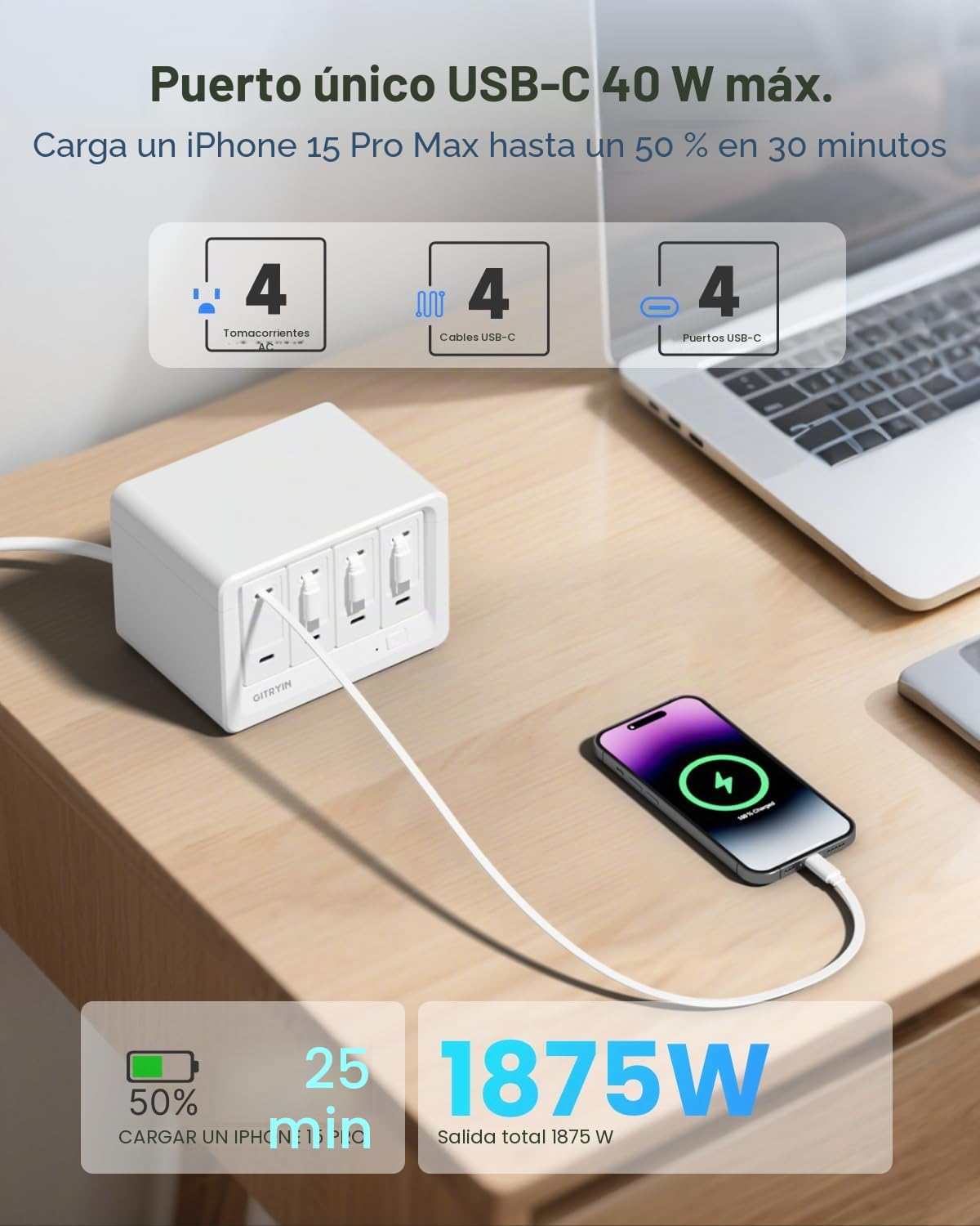 Gitryin Estación de carga de escritorio 12 en 1 con 4 cargadores de pared retráctiles, regleta de alimentación USB-C de 40 W con 4 CA, 4 USB C, 4 cables tipo C de 33.5 pulgadas, cable de extensión con