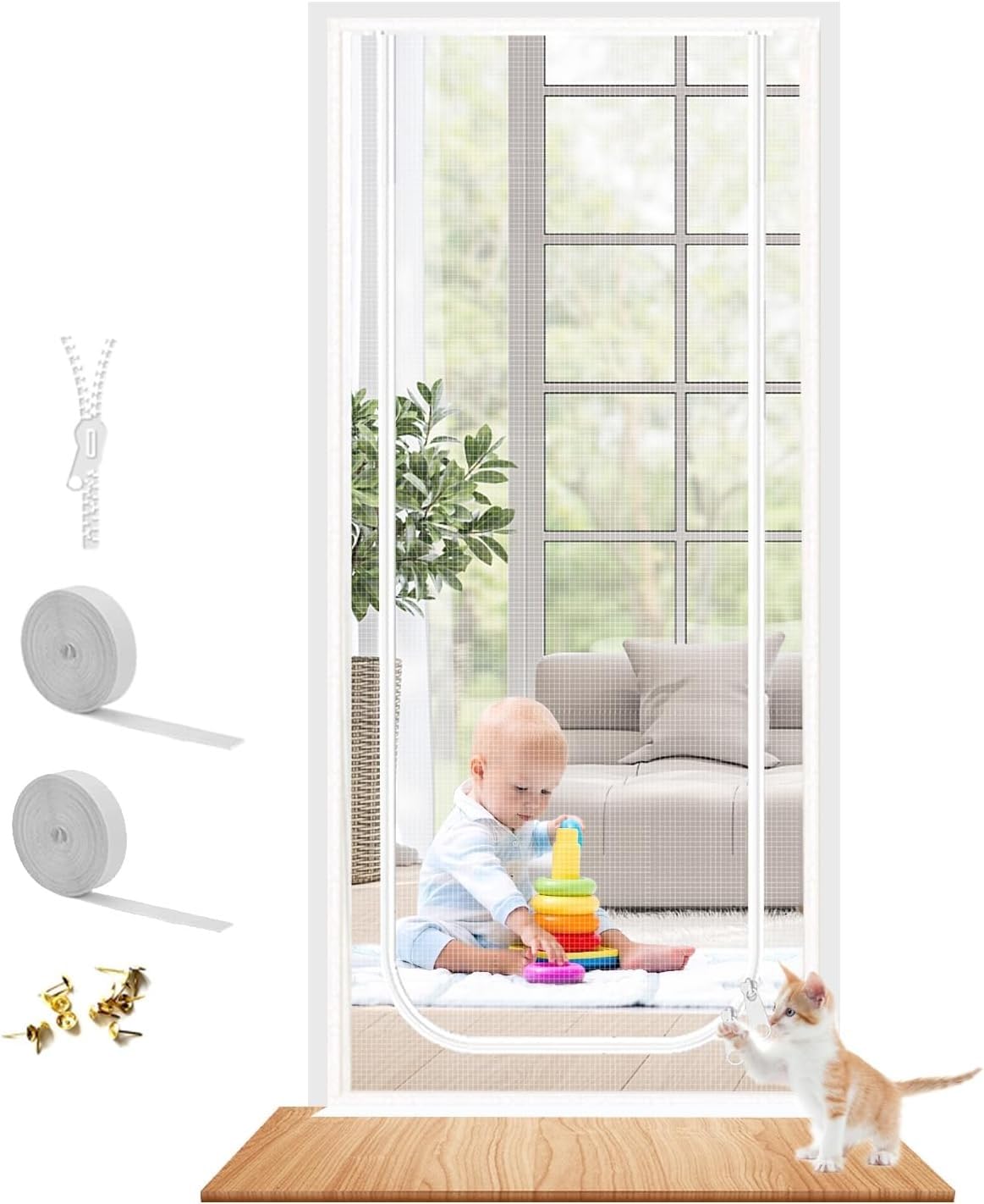 Puerta mosquitera para gatos con cremallera protectora contra insectos en terrazas y patios