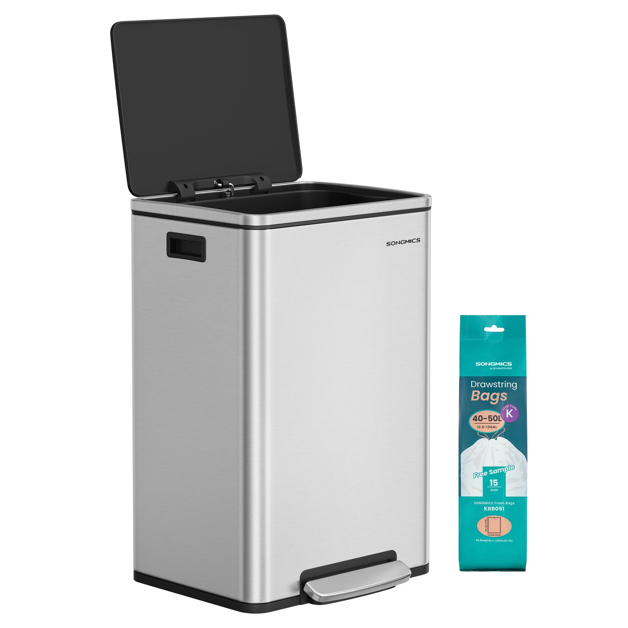 SONGMICS Mülleimer 50 L, 15 Müllsäcke, Edelstahl, herausnehmbarer Inneneimer aus Kunststoff, mit Deckel, Griffe, Softclose, silbern LTB595E01