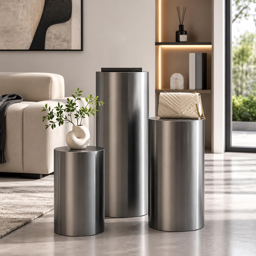 Piedistallo Espositivo Cilindrico in Acciaio Inox | Espositore Cilindrico Con Finitura In Acciaio Inox, Perfetto Per Soggiorni E Negozi(25x40cm)