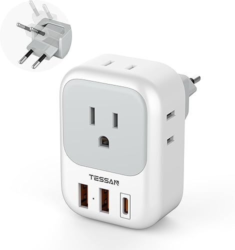 Miniatura 10 de Adaptador de enchufe de viaje europeo USB C, adaptador de enchufe internacional TESSAN con 4 salidas de CA, 3 puertos de carga USB, adaptador