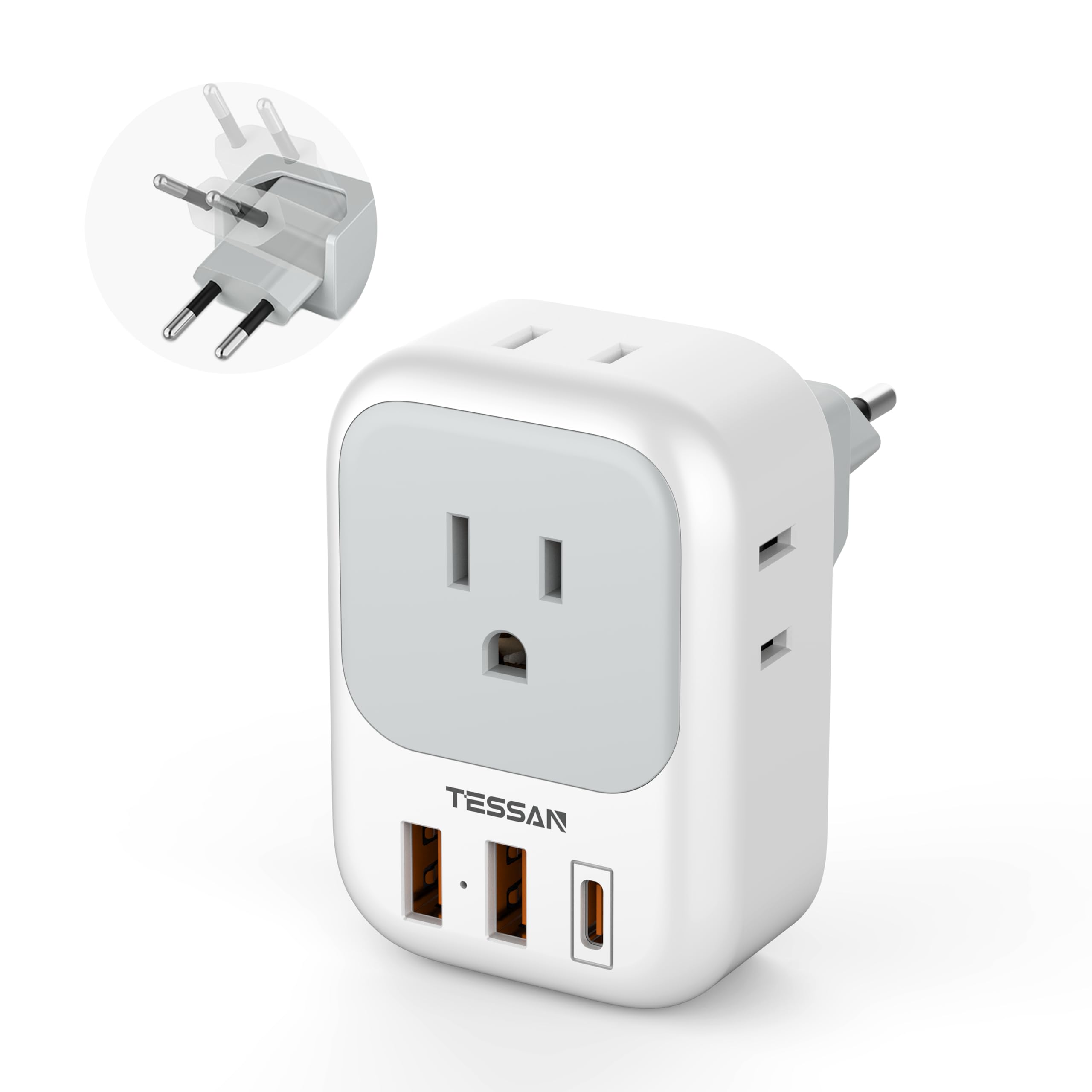 TESSAN European Travel Plug Adapter USB C, Europe Adapter with 4 Outlets and 3 USB(1 USB C PD 20W), Foldable Plug Type C Power Adaptor for US to Most of EU Spain France Italy Germany Portugal Iceland-image-31
