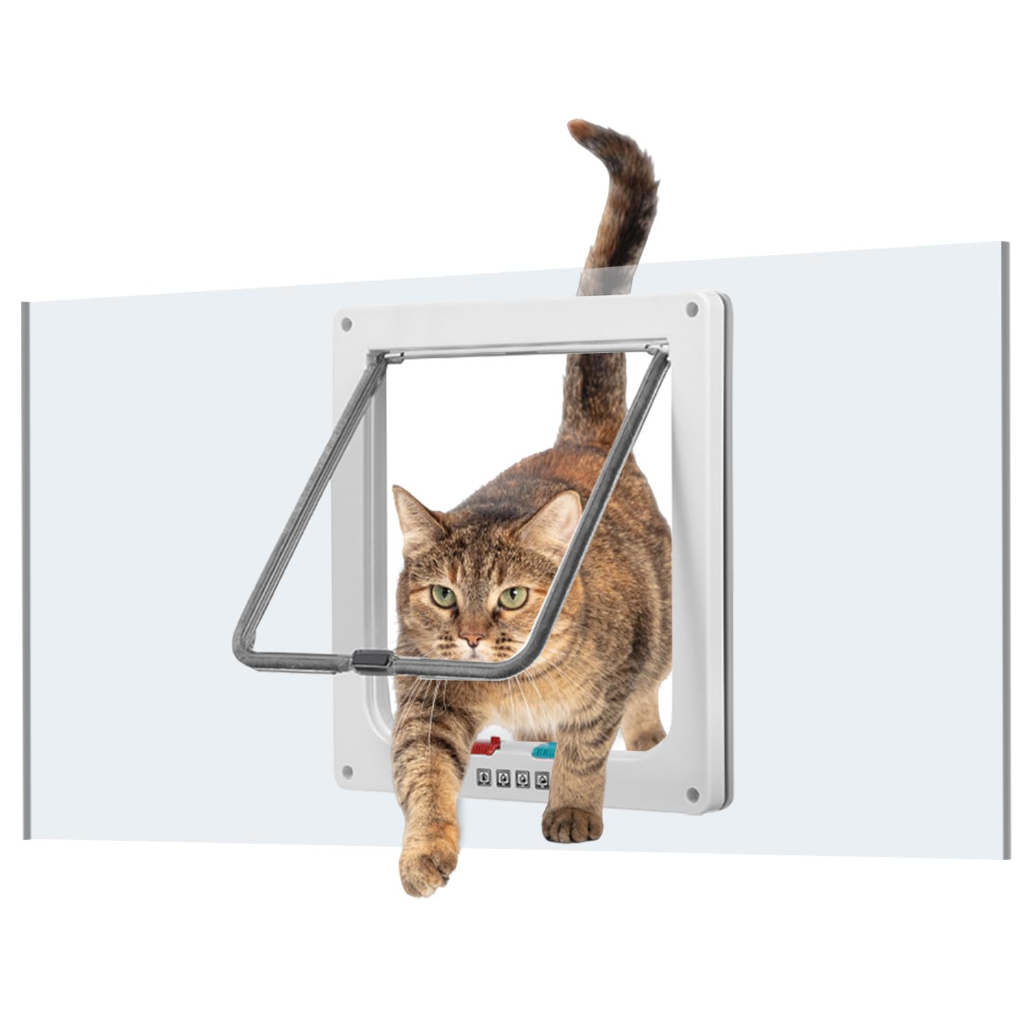 Cat Door for Window, Safety Cat Window with 4 Locking Modes, Fits 24"-32" Window, Pet Friendly Window Cat Door Insert, Ease of Installation, Magnetic Closure, Weatherproof Design, Frosted Plexiglass