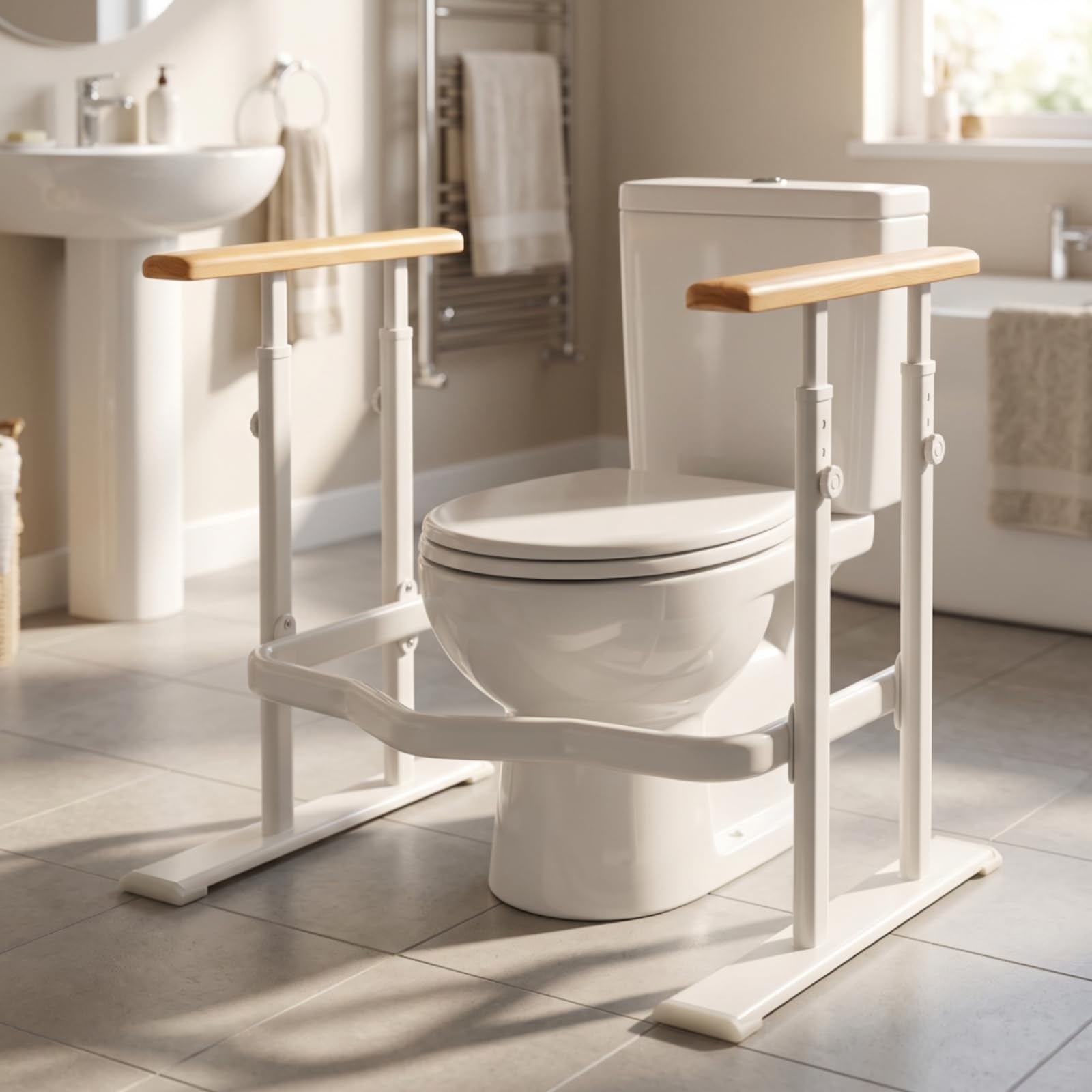 F Fityle Pasamanos de Baño Barra de Apoyo Estructura Firme Asidero para WC Ajustable y Barra Delantera Curvada Base Ancha para Estabilidad en el Suelo