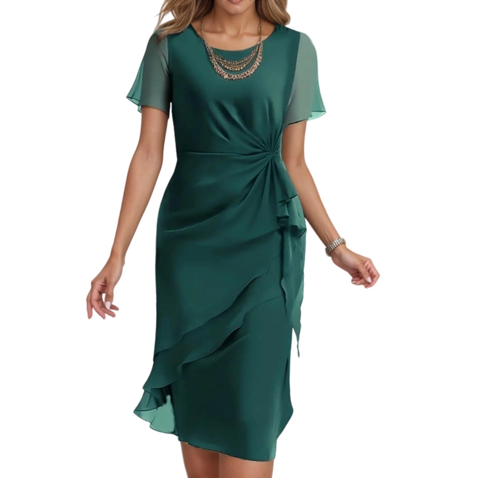 Robe Femme Ete Robe de cocktail élégante en mousseline de soie pour femme, col rond, tenue de soirée, idéale pour un mariage, des vacances, un rendez-vous galant, un printemps, un été, une formelle