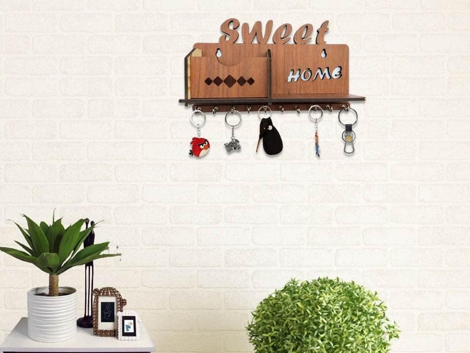 Image of Sweet Home MDF Wood Wall Mounted Design Family Key Holders for Wall Decor Wooden Stylish Hook Stand Key Organizer for Decor Home Office, Living Room, Hall, Kitchen Mobile Charge Stand