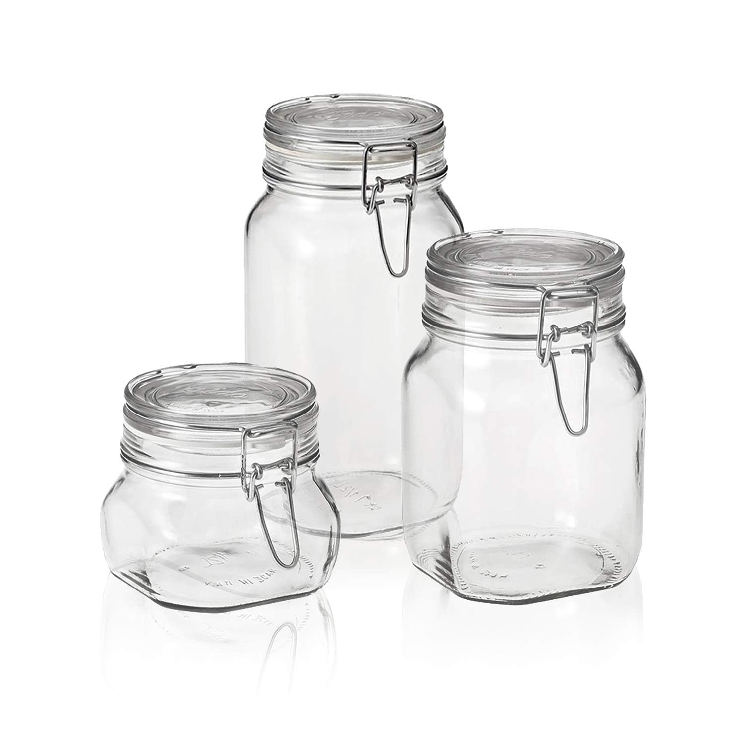 Bormioli Rocco Fido 3-Piece Set Food Storage - Pasta and Cookie Jars - Hermetically Sealed - Retains Freshness - Organizing small (17), medium(33), and large(50) Jars, clear (149740S06021990)