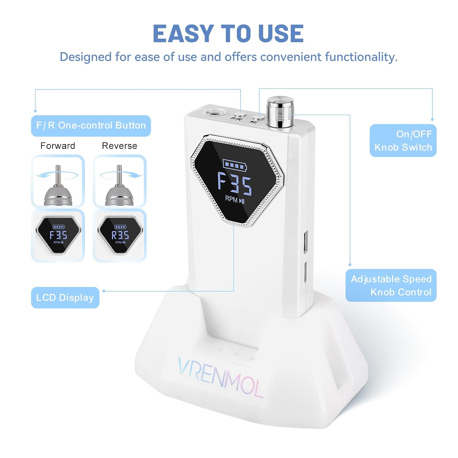 Vrenmol Professional Electric Nail Drill: 35000RPM Rechargeable Nail Drill Machine with Base Portable Nail File with Nail D rill Bits for Remove Gel Dip Acrylic Nails Nail Art Salon Use White