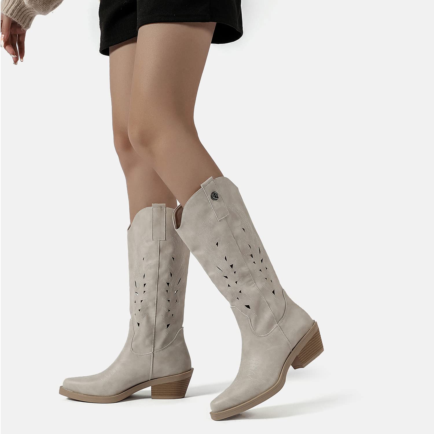 QUEEN HELENA Camperos Stivali con Tacco Western Traforati Stivaletti Texani a Punta Cowboy Donna X28-103
