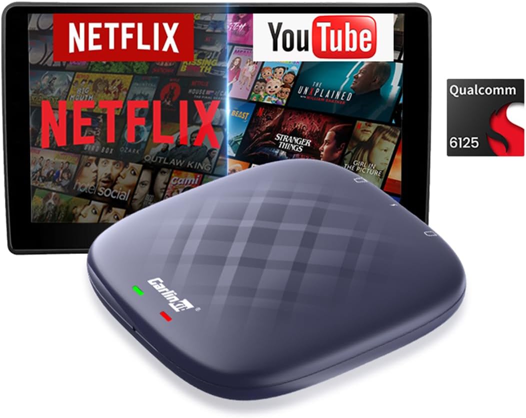CarlinKit Ai Box with Netflix and YouTube logos, powered by Qualcomm 6125