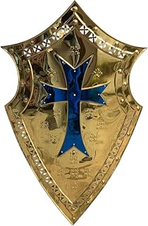 Decorative Medieval Shield with Blue Cross, Gold Metal Wall Decor, Ornate Crusader Style Shield with Floral Pattern