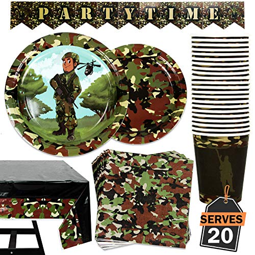 82 Piece Army/Camo Party Plate Set Including Banner, Plates, Cups, Napkins, and Tablecloth, Serves 20