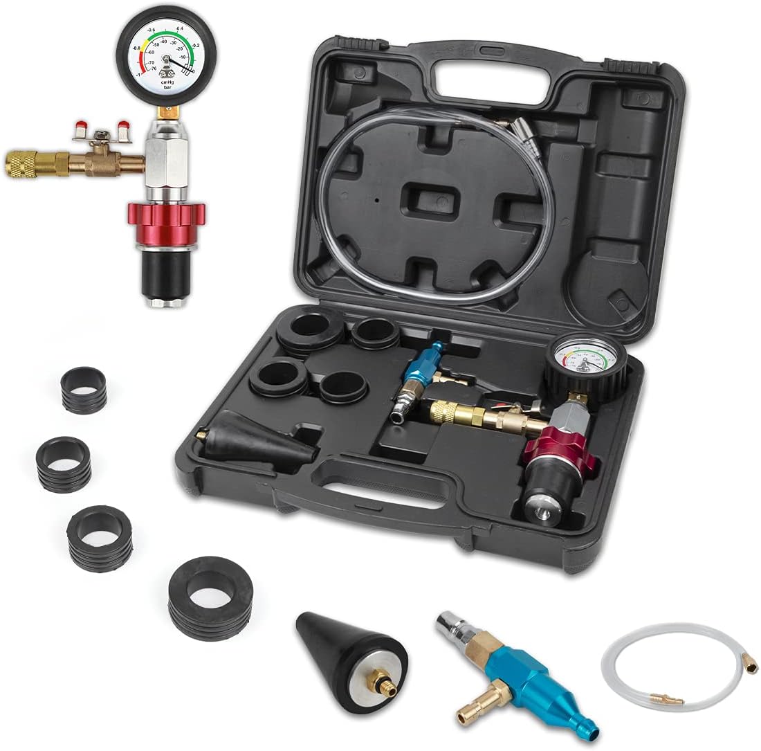 Coolant Vacuum Refill Kit Time-saving&Well-sealed Cooling System Vacuum Purge & Refill Kit with Accurate Pressure Gauge, 5 Sizes of Adapters, Brass Connector,Long Coolant Filling Hose for All Vehicles