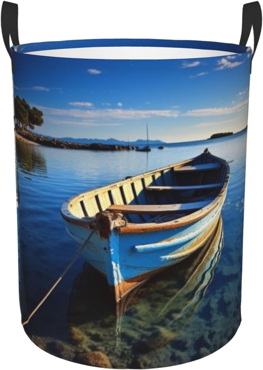 Boat in Blue Water Laundry Basket With Handles, Foldable Laundry Hamper Oxford Cloth Dirty Clothes Basket Waterproof Clothes Toys Storage Bin Organizer for Bedroom Bathroom Dorm